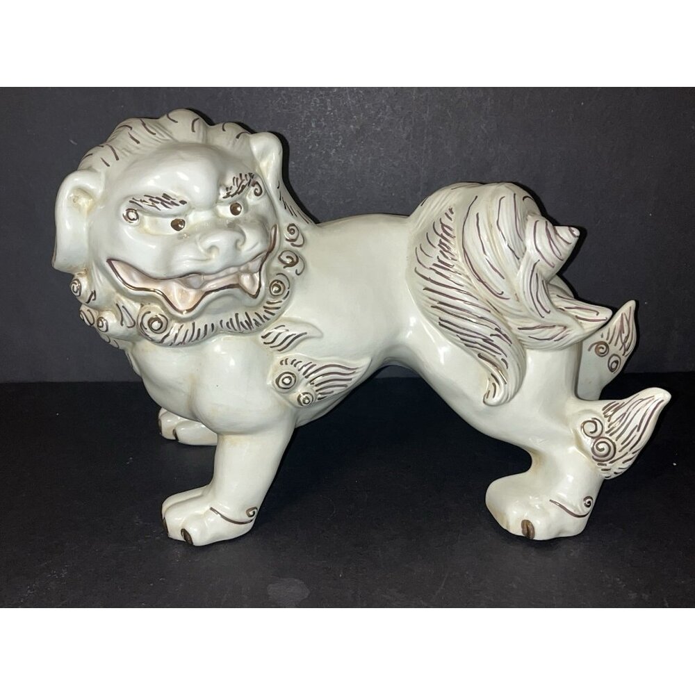 Vtg Foo Dog Japan White Gold Temple Lion Porcelain Asian 8x12"